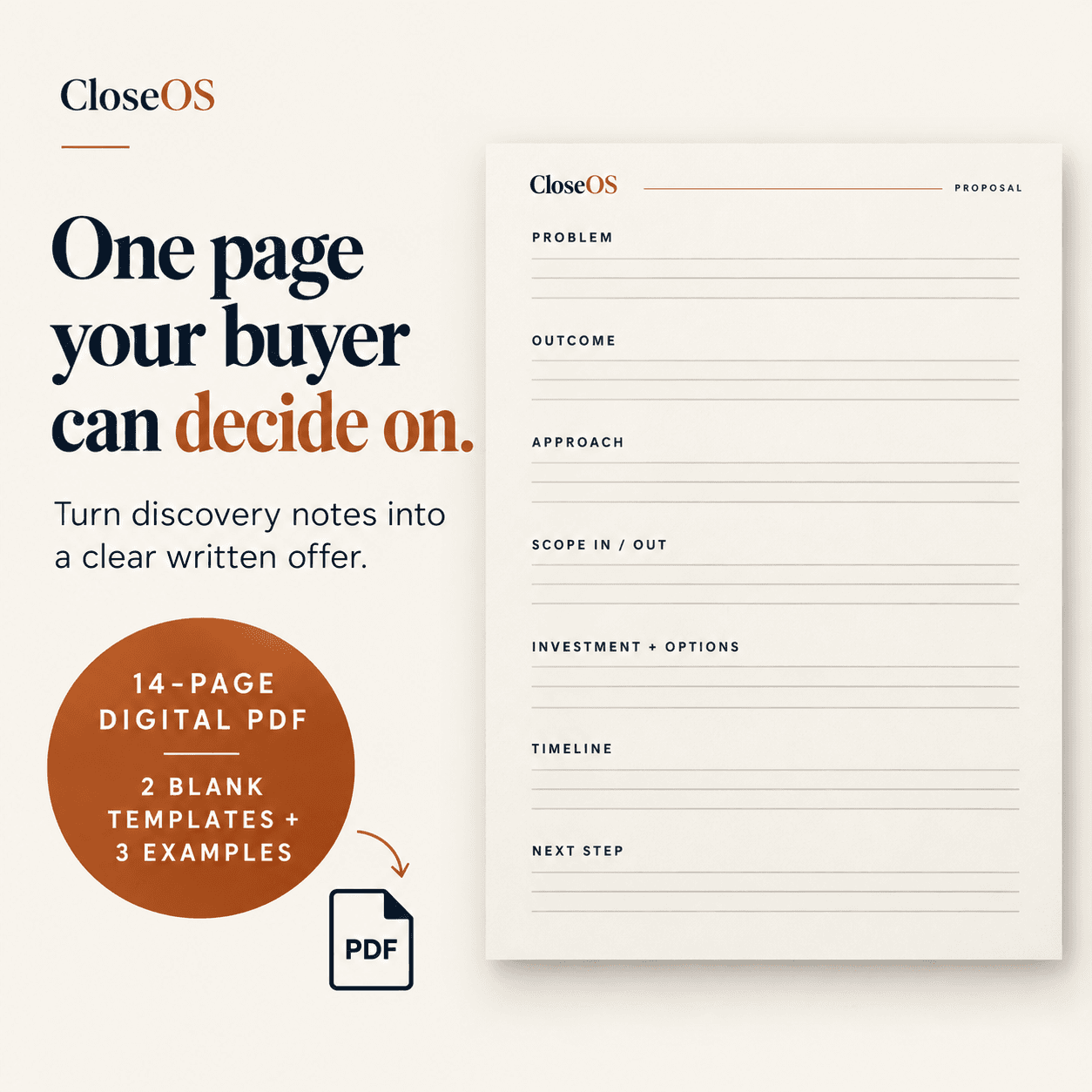 Proposal One-Pager Pack cover graphic: "One page your buyer can decide on", 14-page digital PDF.
